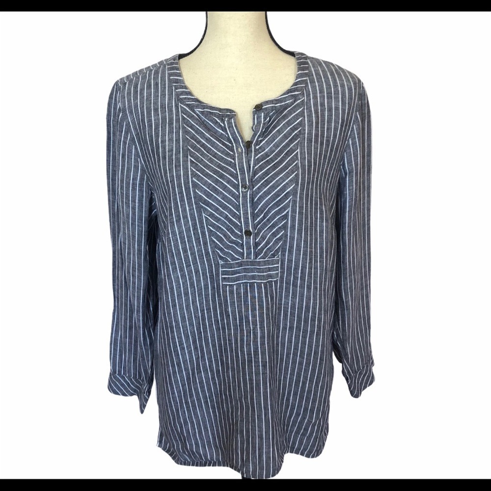 J. Jill Love Linen Blue White Striped Button Neck Tunic Top‎ Medium Petite